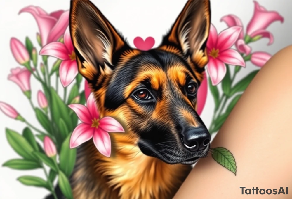 realistic german shepherd with alert ears looking protective surrounded by pink lilies with leaves in front of a sacred heart tattoo idea