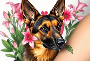realistic german shepherd with alert ears looking protective surrounded by pink lilies with leaves in front of a sacred heart tattoo idea