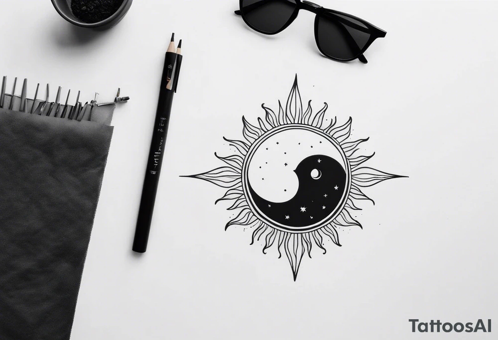 Sun and crescent moon with vintage line along with yin yang. Long on forearm tattoo idea