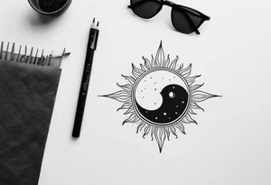 Sun and crescent moon with vintage line along with yin yang. Long on forearm tattoo idea
