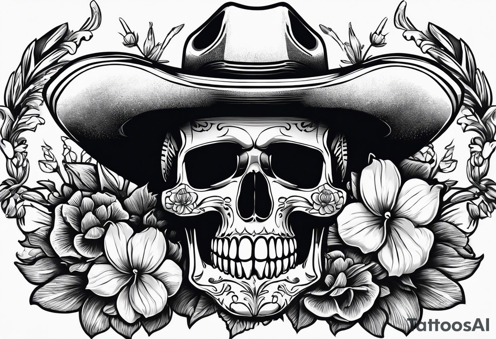Mexican skull wearing cowboy hat with art paintbrushes and bluebonnets flowers tattoo idea