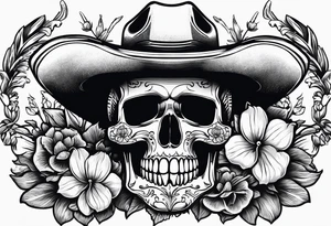 Mexican skull wearing cowboy hat with art paintbrushes and bluebonnets flowers tattoo idea