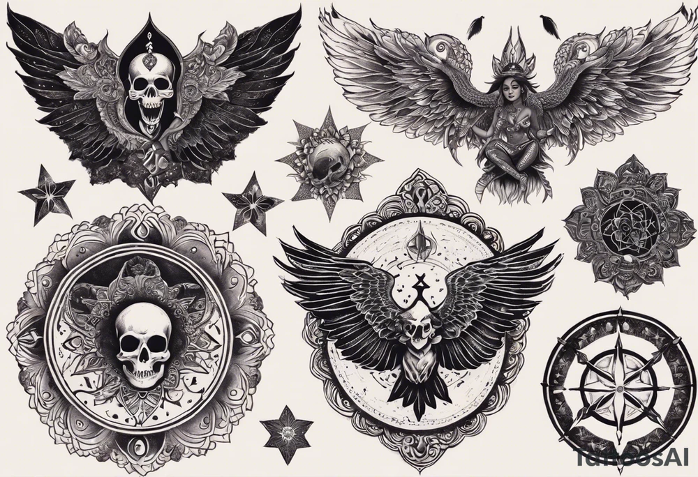 black kali, goddess pirate, alien, angel, pachamama, valkrye, warrior, flying, skull, lotus azul, wing, eagle, zenza resonance, stars, 5D, anahata chakra, death, durga, riding on a tiger, flying lady, kundalini, chest tatoo tattoo idea