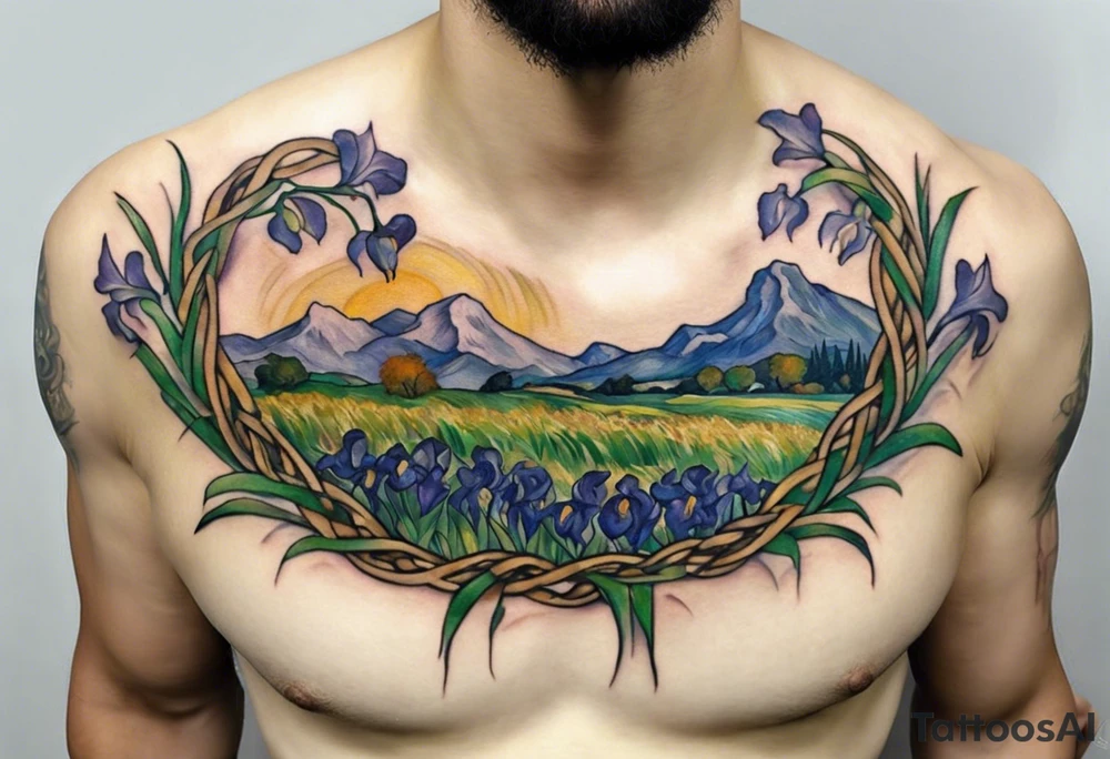 Create a colorful Vincent van Gogh's Irises tattoo, with vines in Celtic knots gracefully holding mountains in a wreath. The intended placement is on the upper chest. The overall design should be small in size while maintaining a delicate and artistic aesthetic. Pay attention to the graceful flow of the vines and the placement of the irises to achieve a refined and elegant look. tattoo idea