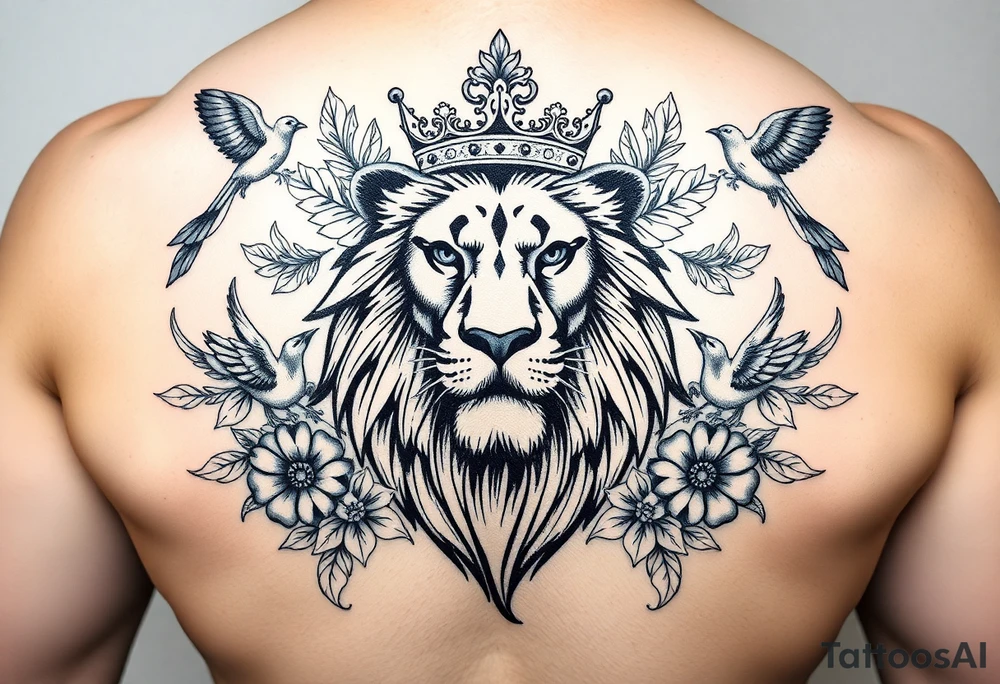 powerful majestic lion with a crown, surrounded by floral ornaments and birds tattoo idea