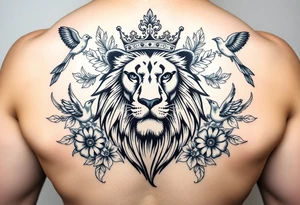 powerful majestic lion with a crown, surrounded by floral ornaments and birds tattoo idea