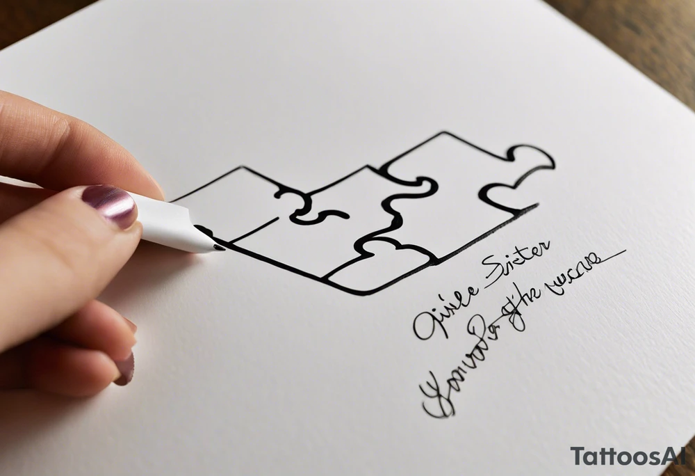Puzzle Piece: A fine, clean outline with no shading, keeping the design light and elegant.
Handwritten Text: inside the puzzle piece, your sister’s words “to my favorite sister,” carefully preserving the integrity of her handwriting.
This will create a balanced, meaningful design that's simple yet full of emotion—perfect for a small ankle tattoo. tattoo idea