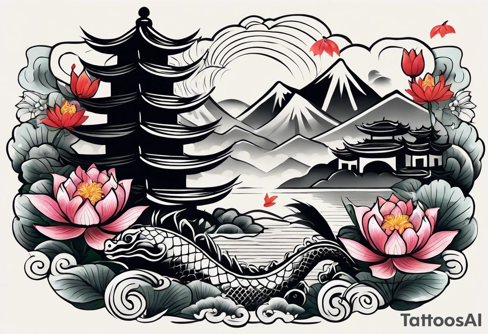 A black Vietnamese tattoo design featuring intricate depictions of sacred animals like the dragon and turtle intertwined with majestic mountains and lush rice fields. Incorporate iconic elements such as the conical straw hat floating above, surrounded by blooming lotus flowers and traditional silk lanterns. The tattoo reflects the essence of Vietnam's breathtaking nature, with swirling mist and flowing water elements woven into the composition, merging traditional artistry with a modern flair. Use a color palette that evokes the lush greens of the countryside and the warm tones of sunset. tattoo idea