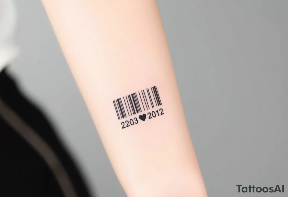 minimalist barcode with the couple’s wedding date (22 - 03 - 2012) hidden in the numbers under barcode with heart tattoo idea