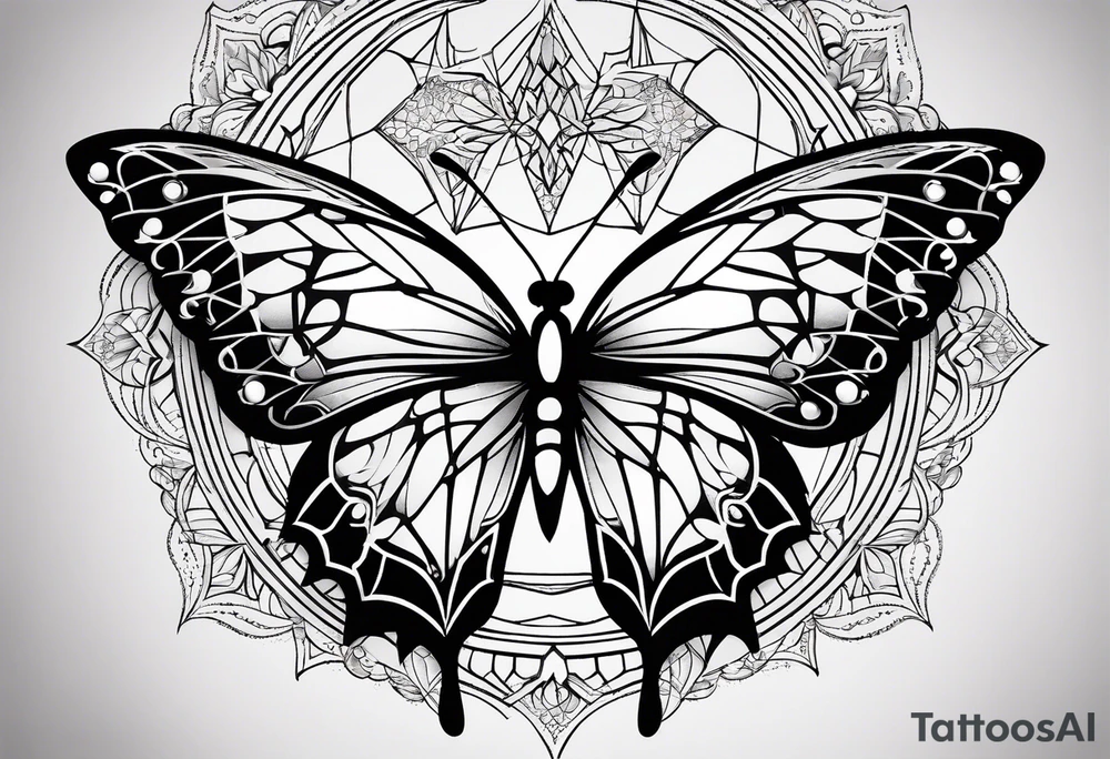 Thin Minimalistic butterfly on the background of the mandala indra’s diamond network tattoo idea
