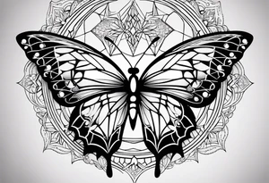 Thin Minimalistic butterfly on the background of the mandala indra’s diamond network tattoo idea