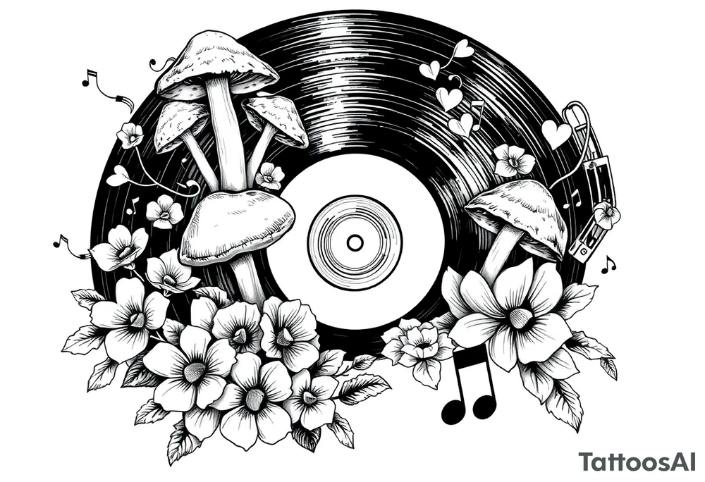vinyl record with mushrooms, flowers, hearts, and music notes tattoo idea