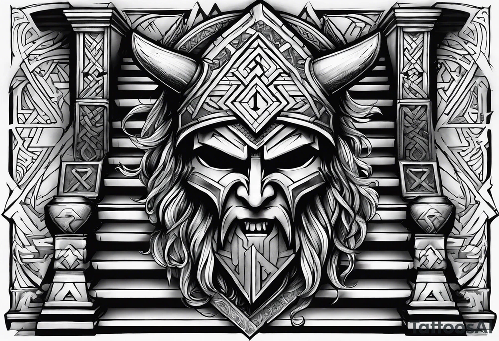 Valhalla sword shield  axe Valknut stairs tattoo idea