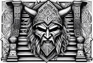 Valhalla sword shield  axe Valknut stairs tattoo idea
