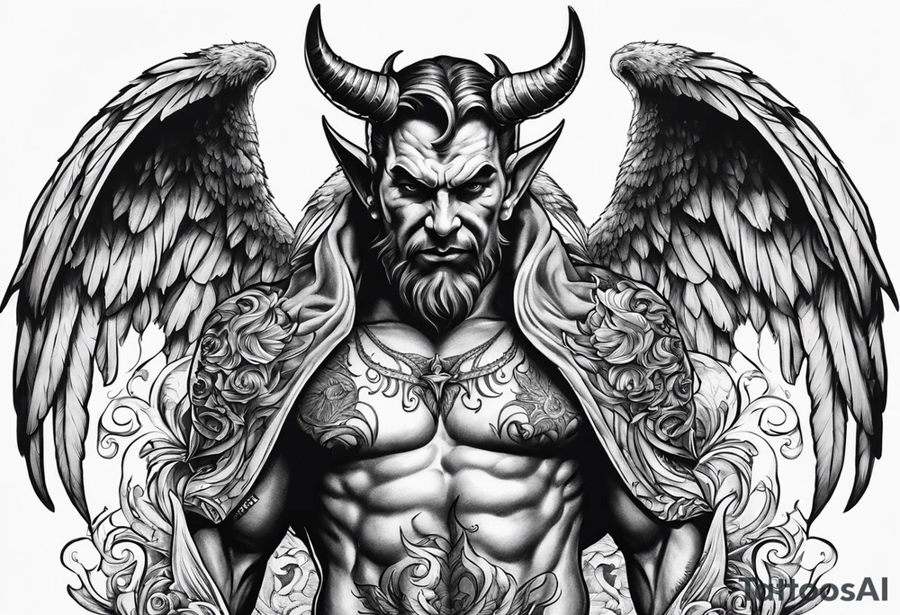 Devil with angel wings aggressive  behind Sundays in the background tattoo idea