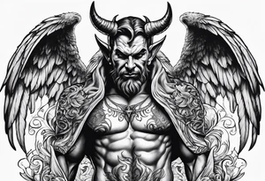 Devil with angel wings aggressive  behind Sundays in the background tattoo idea