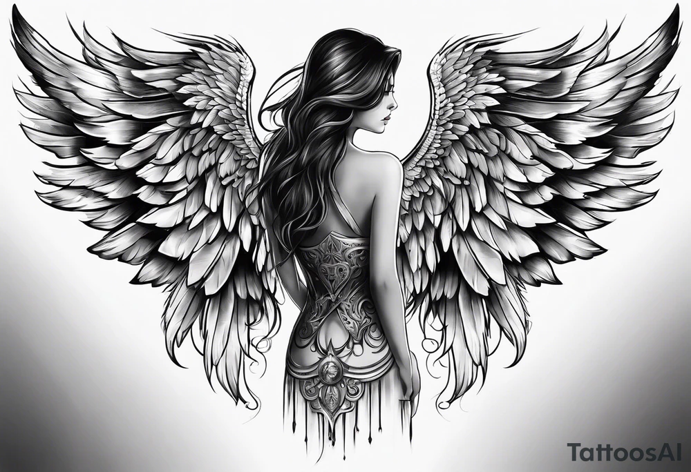 female back tattoo. one angel wing and one devil wing tattoo idea