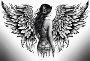 female back tattoo.  one angel wing and one devil wing tattoo idea