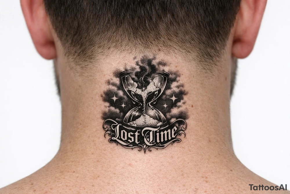 Black and grey realism tattoo design of a cracked, shattered hourglass centered in dark heavy clouds. Sand and dark smoke floating upward out of the glass. Custom gothic script lettering that says "Lost Time" wrapped around the base. Chicano style shading, deep blackwork background, sharp 4-point sparkle stars, high contrast, clean white background, tattoo stencil style. Put on the throat not the back of neck tattoo idea