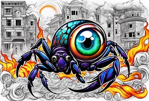 eyeball scorpion saving children from a burning building tattoo idea