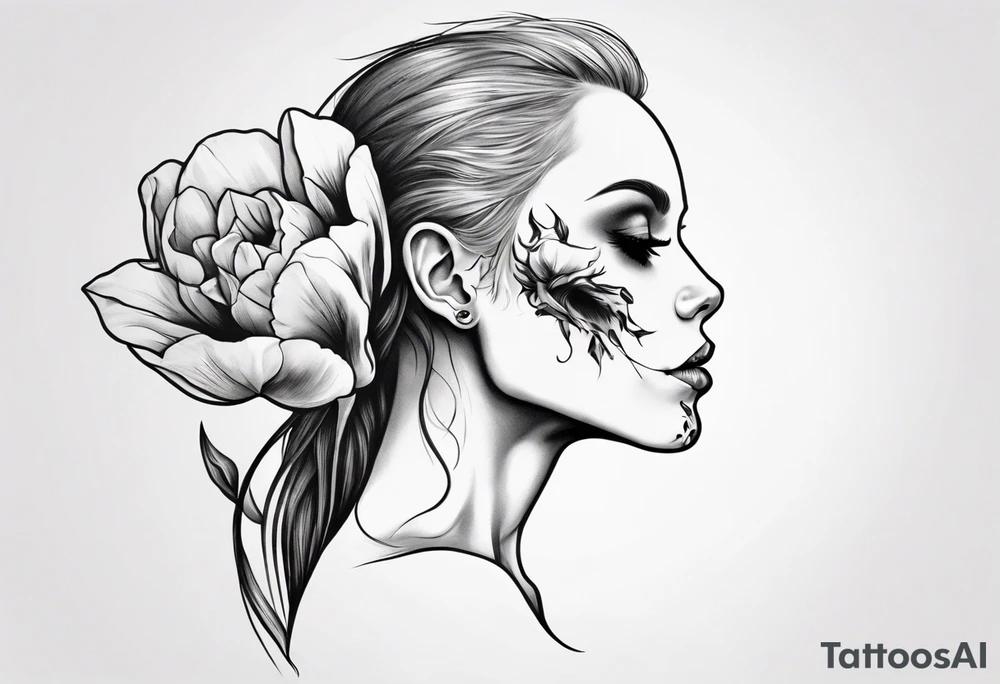 sideview of female skull with long hair and tulip bud in hair tattoo idea
