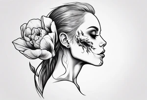 sideview of female skull with long hair and tulip bud in hair tattoo idea
