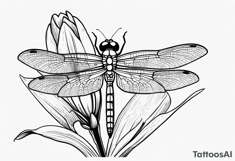 A minimalist mini size dragonfly perched on a daffodil flower. Let the daffodil flower be minimalist and have yellow lines. Let the stem of the flower extend downwards and instead of the stem write "muadil" in cursive tattoo idea