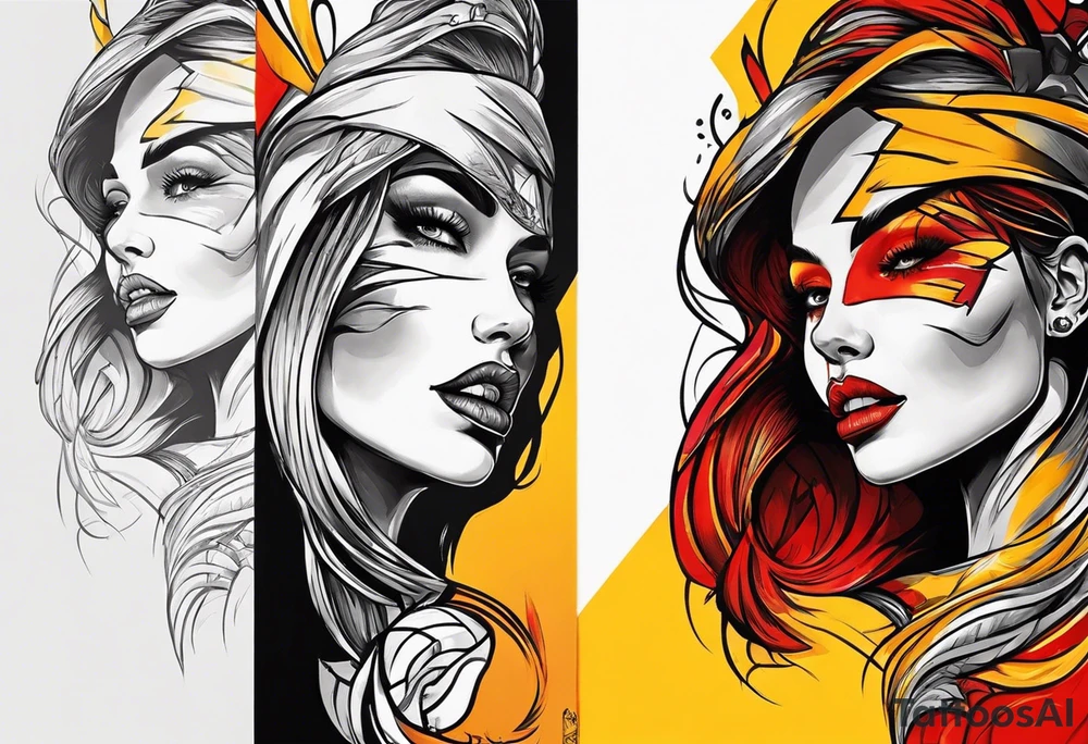 Orange, red, yellow primary colors.  Woman face coming out of skull with large sharp teeth tattoo idea