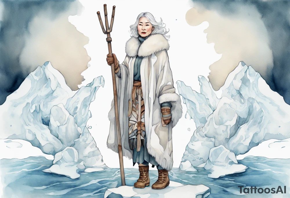 a middle aged Inuit woman with white hair, wearing mittens, wearing a white cloak, holding a white staff, wearing mukluks, standing on an iceberg in the sea tattoo idea