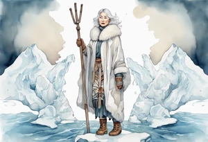 a middle aged Inuit woman with white hair, wearing mittens, wearing a white cloak, holding a white staff, wearing mukluks, standing on an iceberg in the sea tattoo idea