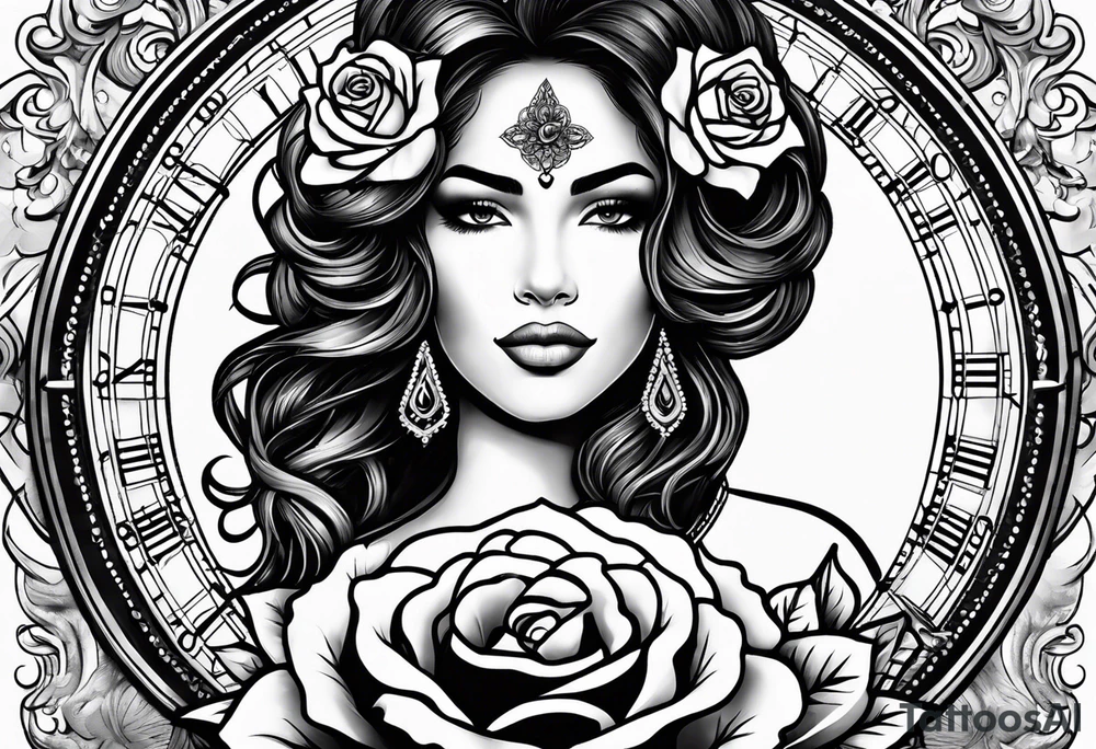 Hispanic/ Latin  goddess, love, forgiveness, strength, peace, cancer zodiac , small clock on face, rose tattoo idea