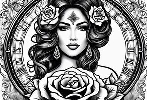 Hispanic/ Latin  goddess, love, forgiveness, strength, peace, cancer zodiac , small clock on face, rose tattoo idea