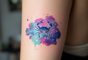 Violet and turquoise watercolor splash behind the Cancer stars, with the crab subtly hidden in the background. tattoo idea