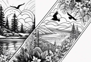 Create a simple yet beautiful forearm tattoo of a forest scene with symmetrical flora and fauna, including stylized birds and wildflowers.” tattoo idea