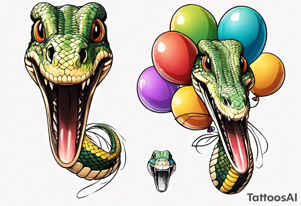 african python with colored ballons from movie up! aside and te-fiti stone on the other side tattoo idea
