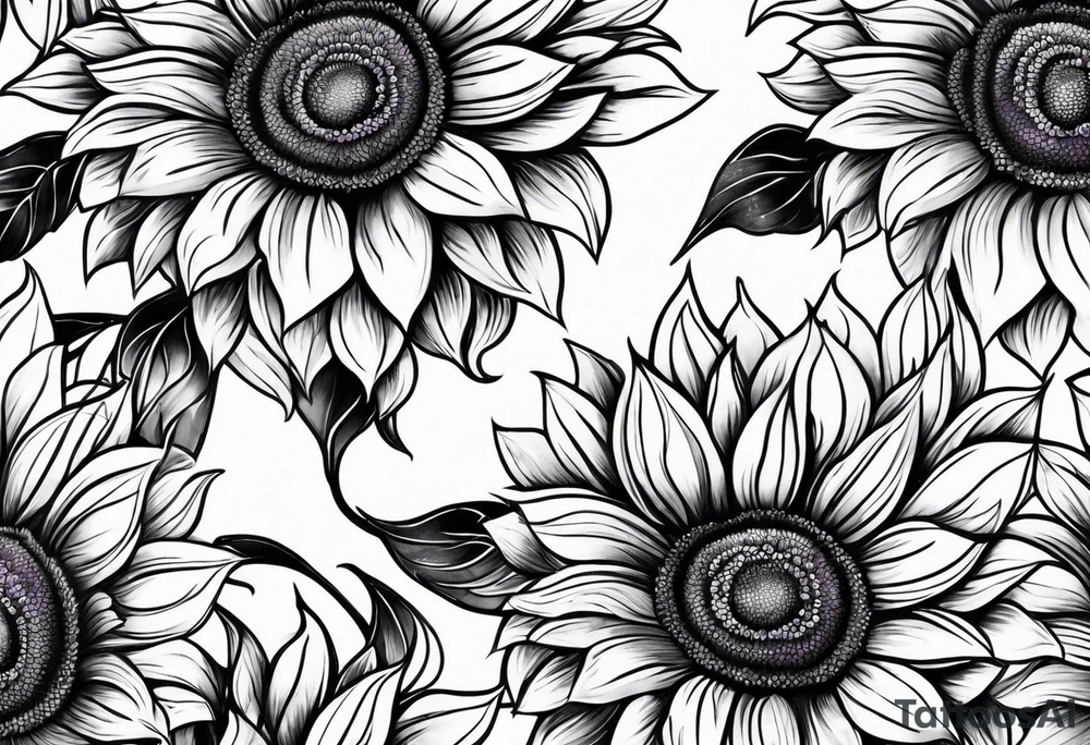 Full leg sleeve with purple, orange and blue sunflowers tattoo idea