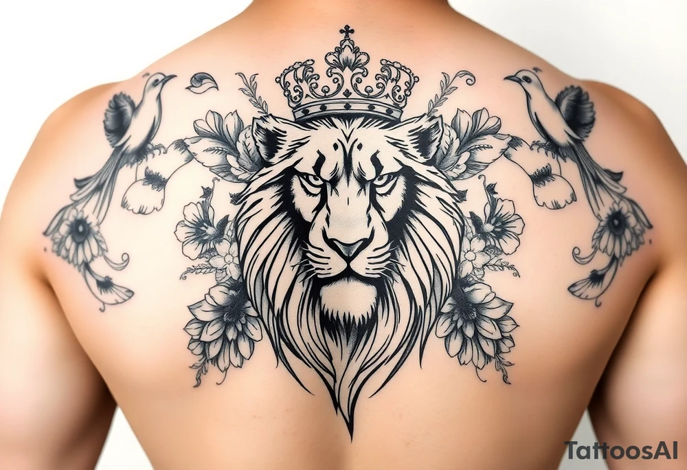 powerful majestic lion with a crown, surrounded by floral ornaments and birds tattoo idea