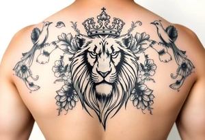 powerful majestic lion with a crown, surrounded by floral ornaments and birds tattoo idea
