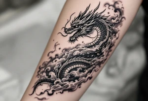 fierce dragon breathing iridescent fire against stormy skies tattoo idea