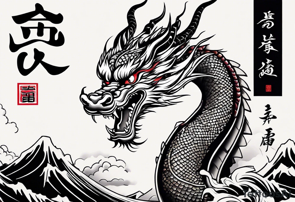 The name Nakama painted vertically  in Shodo style. A Japanes dragon coiled around it. tattoo idea