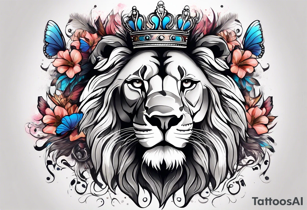 African lion covered in lilies butterflies crown mane made of feathers tattoo idea
