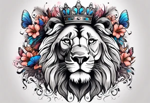 African lion covered in lilies butterflies crown mane made of feathers tattoo idea