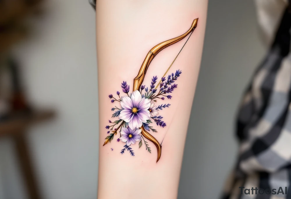A wooden bow and arrow with a delicate set of wildflowers (like lavender and daisies) intertwined in the string. The bow is shaded in earthy browns, and the flowers have soft purple, pink, and white hues, symbolizing Sagittarius’ love for nature and beauty. The arrow has a subtle golden shimmer. tattoo idea