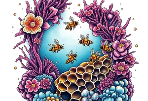 Coral reef scene with honey bees swimming on honey comb tattoo idea