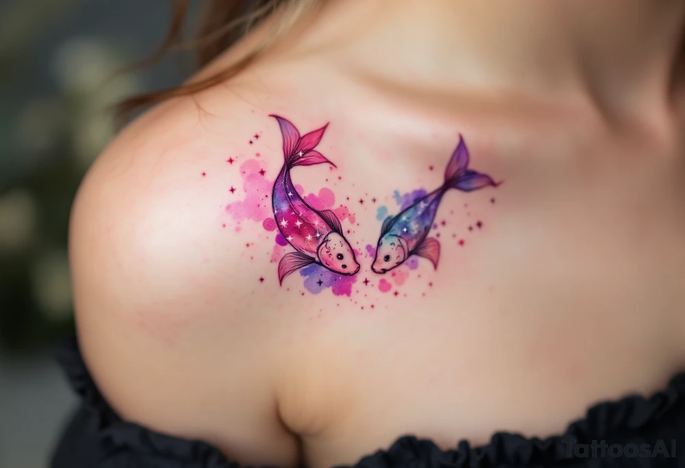 The star constellation of Pisces stretches across the shoulder in radiant pink and violet, symbolizing romantic intuition. tattoo idea