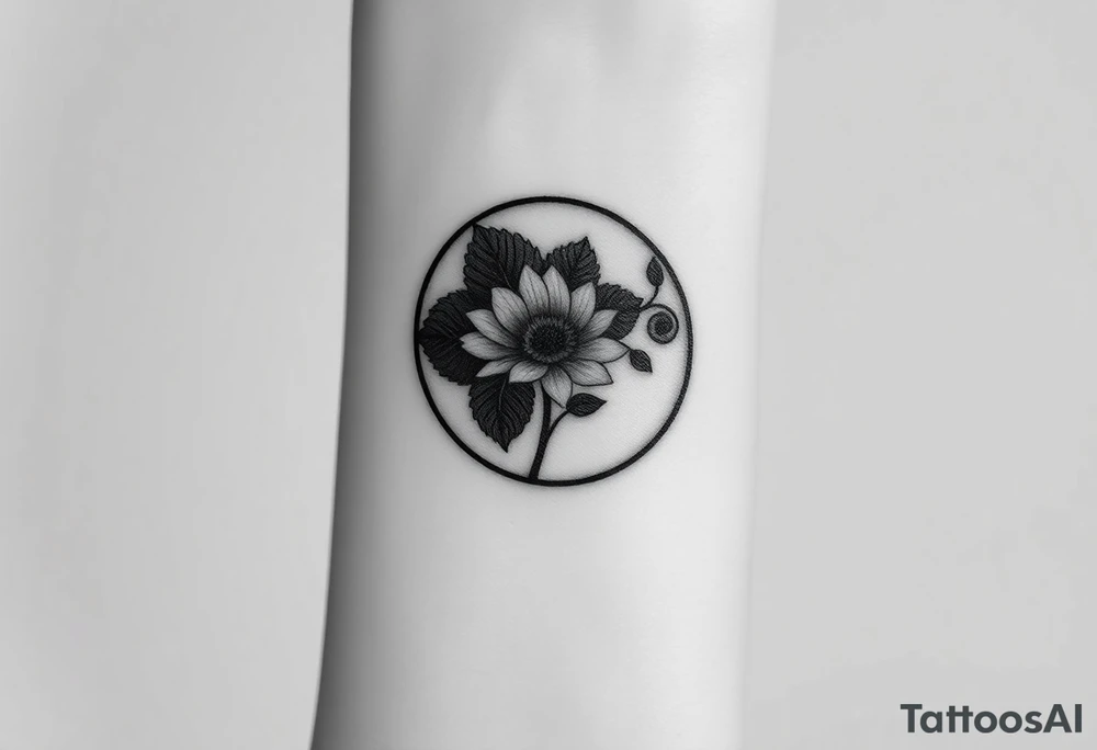 Small black and white tattoo full moon with small chrysanthemum and tiny scorpio gliph inside moon tattoo idea