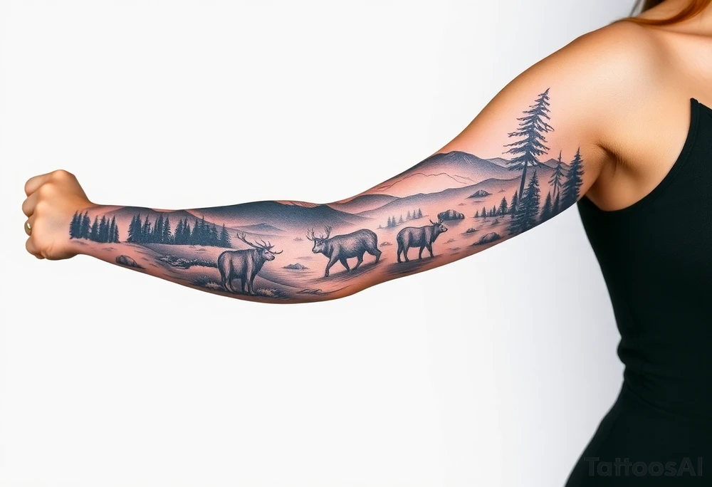 A full-sleeve with the Härjedalen landscape, reindeer, bear, lakes tattoo idea