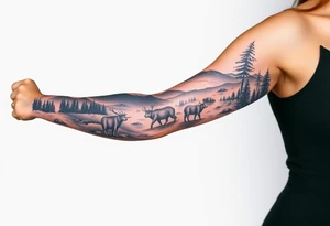 A full-sleeve with the Härjedalen landscape, reindeer, bear, lakes tattoo idea