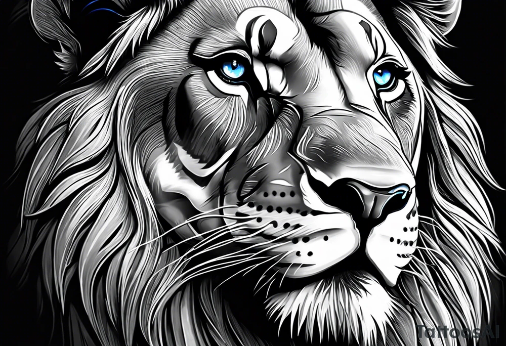 lion with a crown and blue
 eyes and mouth open teeth showing and scar over the eye tattoo idea