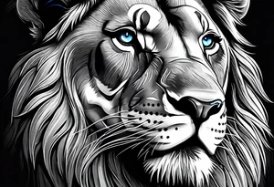 lion with a crown and blue
 eyes and mouth open teeth showing and scar over the eye tattoo idea